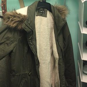 Green winter coat with fur hood